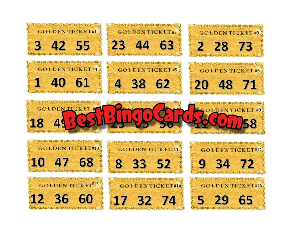 Bingo Boards 1-25 Player Holds - Golden Ticket Mixed 75 Ball Sets