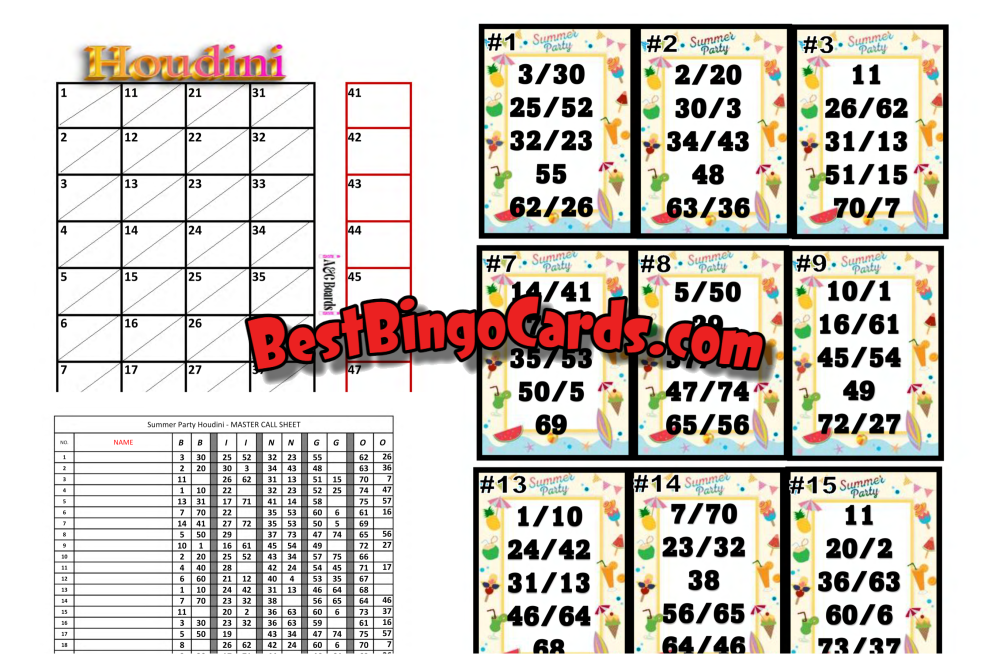 Bingo Boards 1-25 Player Houdini Holds - Summer Party Mixed 75 Ball Sets