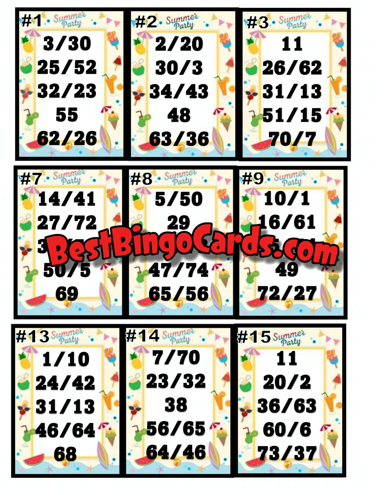 Bingo Boards 1-25 Player Houdini Holds - Summer Party Mixed 75 Ball Sets