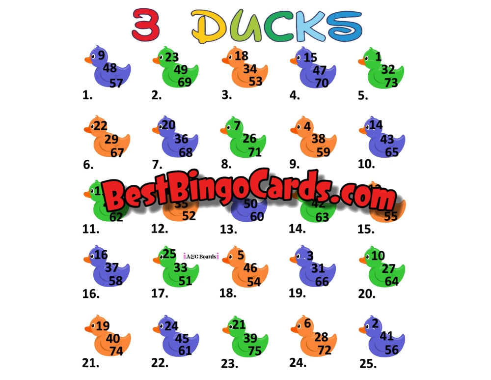 Bingo Boards 1-25 Players - Ducks 3 Number 75 Ball Sets
