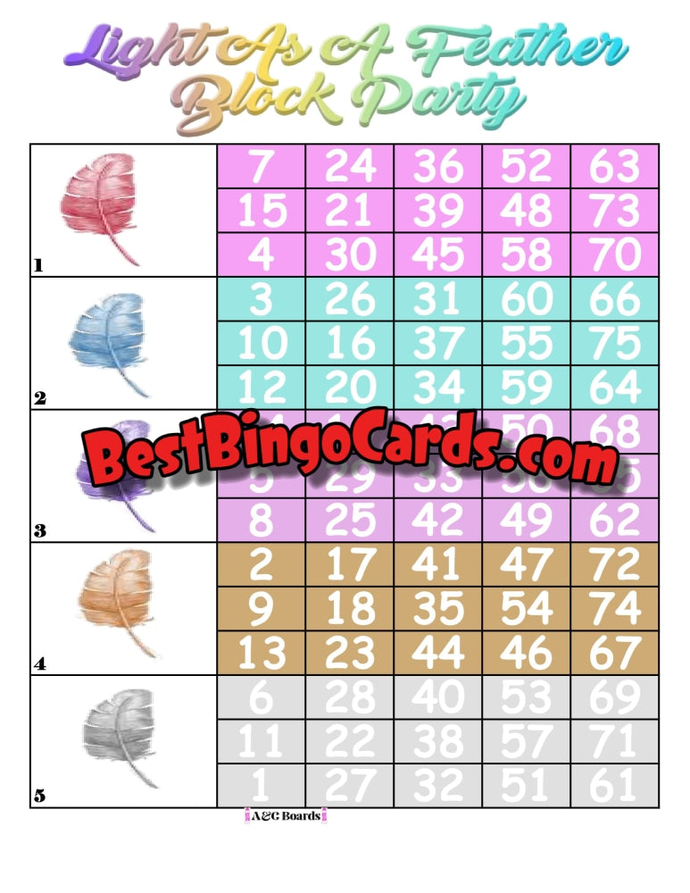 Bingo Boards 1-5 Player Block - Light As A Feather Straight Mixed 75 Ball Sets