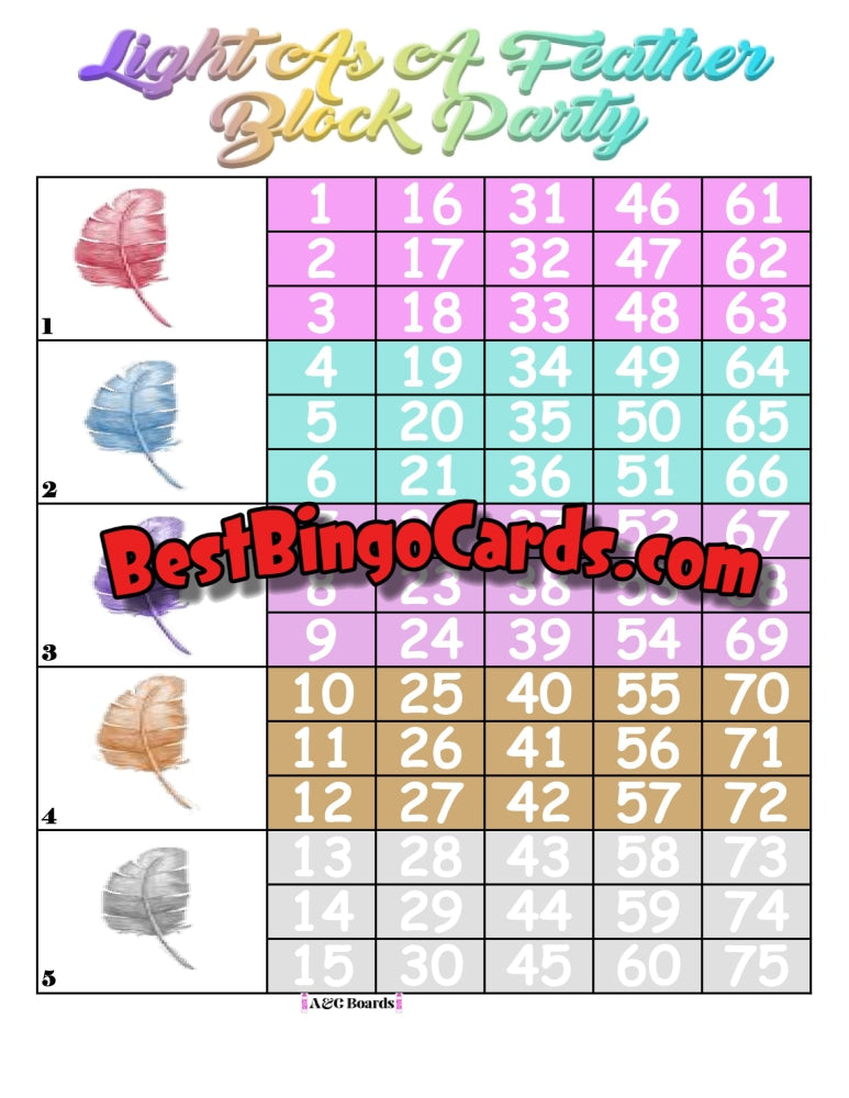 Bingo Boards 1-5 Player Block - Light As A Feather Straight Mixed 75 Ball Sets