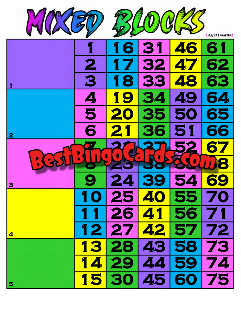 Bingo Boards 1-5 Player Block - Mixed Blocks Straight 75 Ball Sets