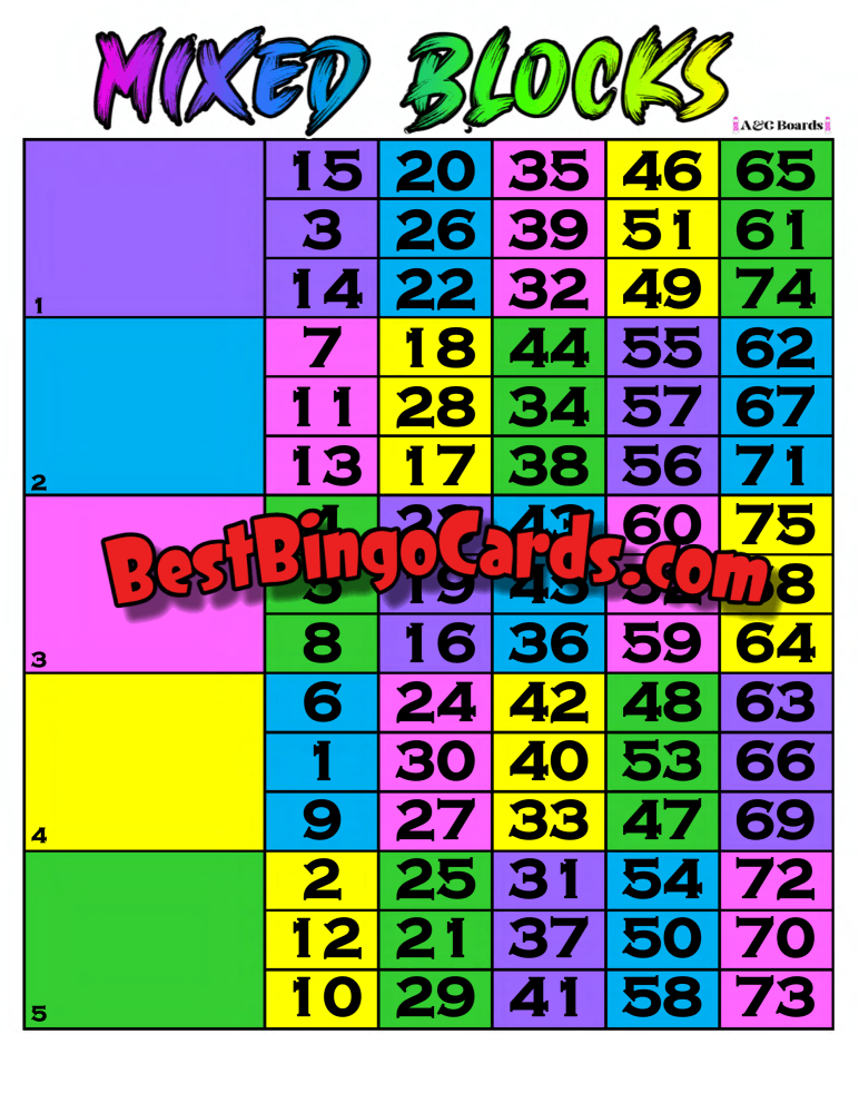 Bingo Boards 1-5 Player Block - Mixed Blocks Straight 75 Ball Sets