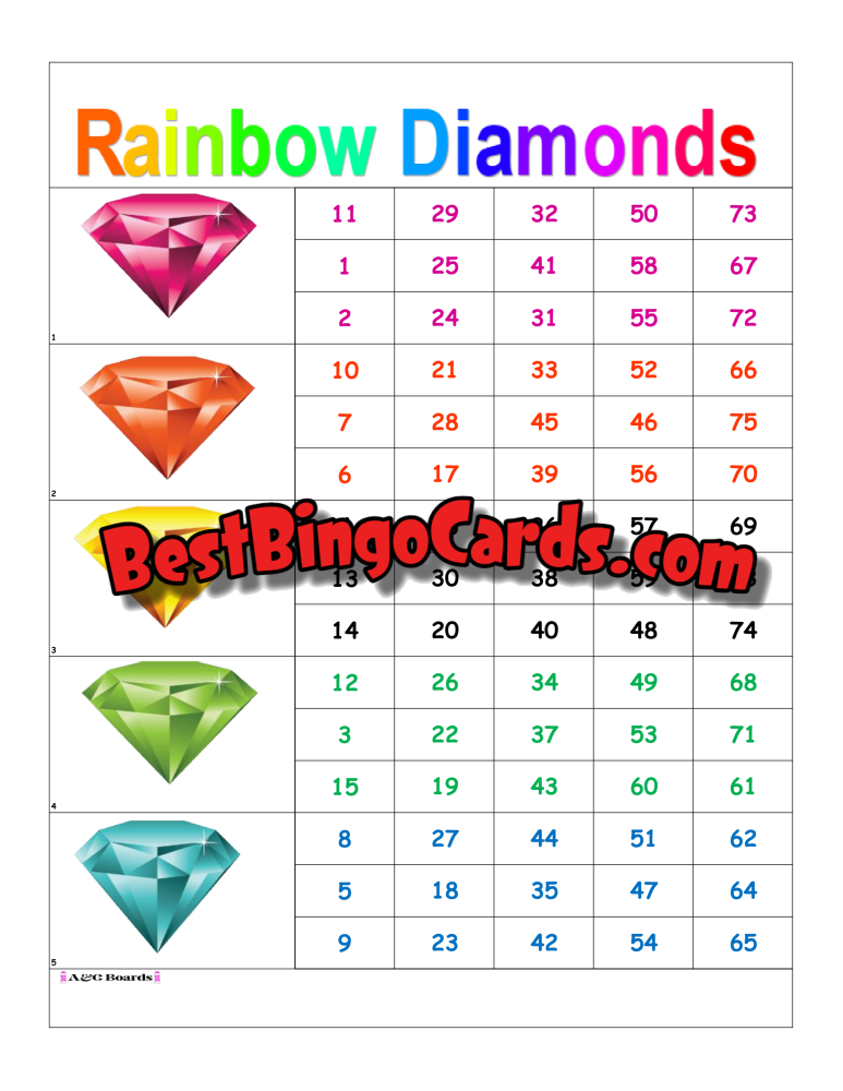 Bingo Boards 1-5 Player Block - Rainbow Diamonds Straight Mixed 75 Ball Sets