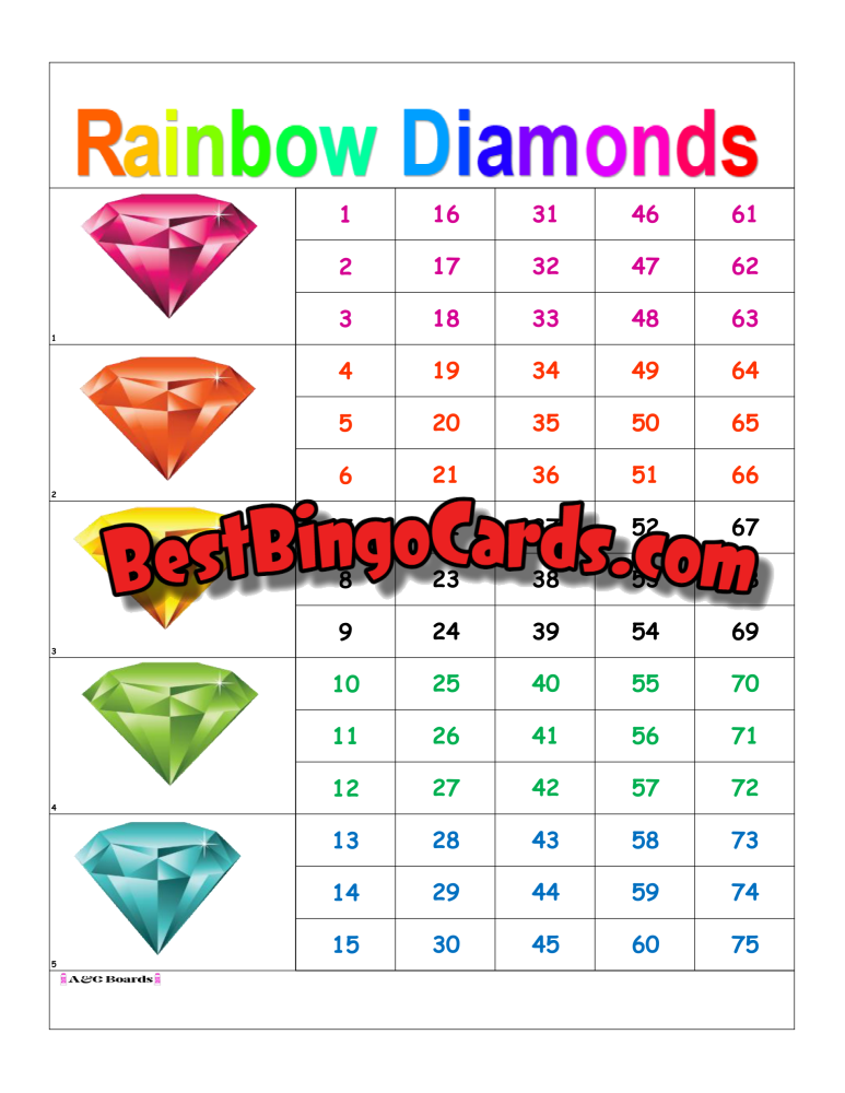 Bingo Boards 1-5 Player Block - Rainbow Diamonds Straight Mixed 75 Ball Sets