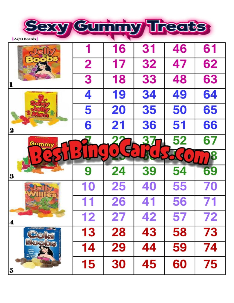 Bingo Boards 1-5 Player Block - Sexy Gummy Straight Mixed 75 Ball Sets