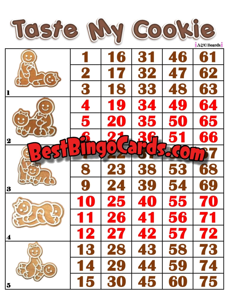 Bingo Boards 1-5 Players Block - Taste My Cookie Straight And Mixed 75 Ball Sets