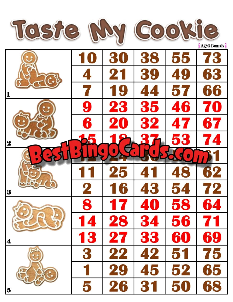 Bingo Boards 1-5 Players Block - Taste My Cookie Straight And Mixed 75 Ball Sets
