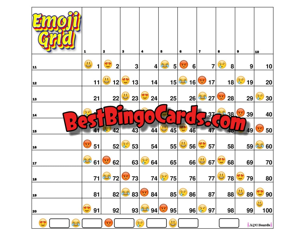 Bingo Boards 100 Ball Grid - Emoji Straight Sets