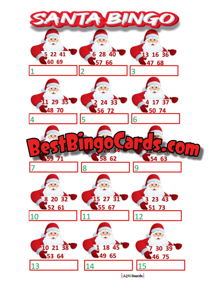 Bingo Boards 15 Players Picture - Santa Straight And Mixed 75 Ball