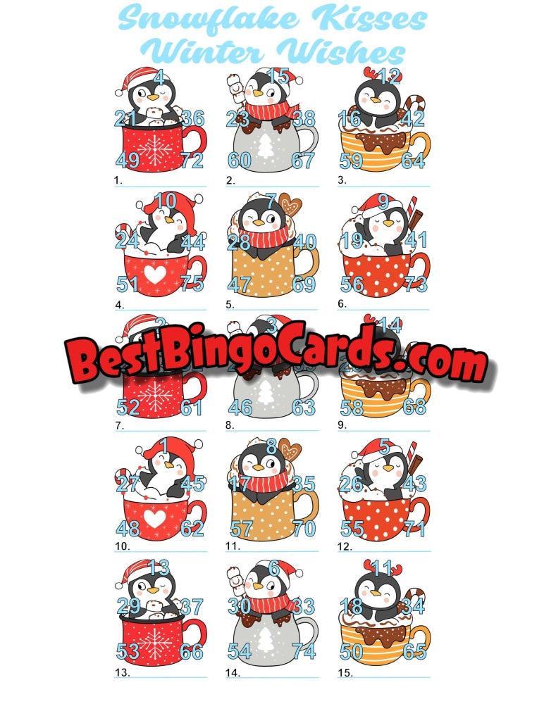 Bingo Boards 75 Ball Winter Penguins Pic Straight And Mixed (Houdini)