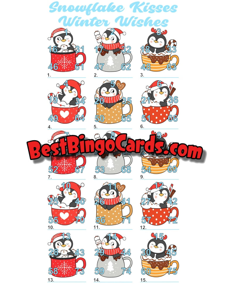 Bingo Boards 75 Ball Winter Penguins Pic Straight And Mixed (Houdini)