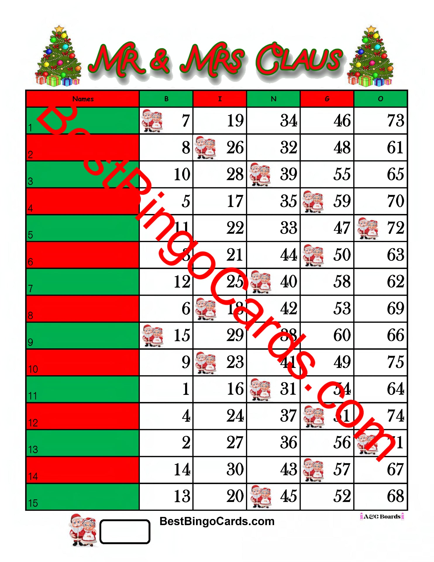 Bingo Boards 1-15 Lines - Mr and Mrs Claus - Straight and Mixed - 75 Ball