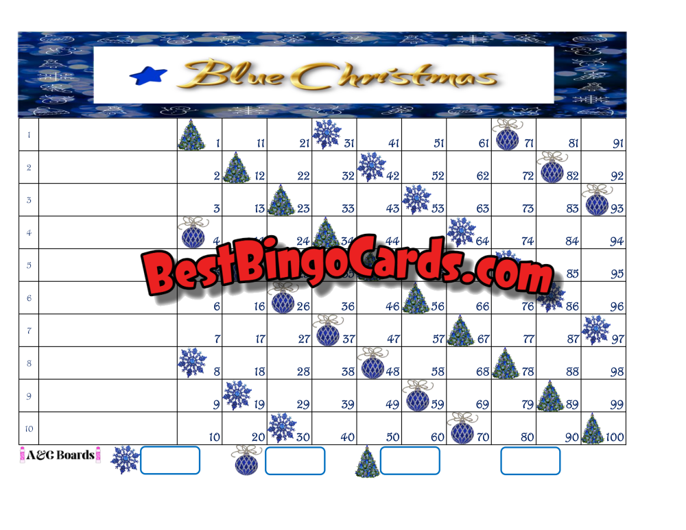Bingo Boards 1-10 Line - Blue Christmas Straight Mixed 100 Ball Sets