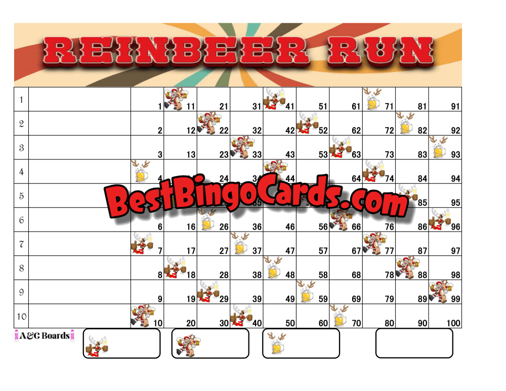 Bingo Boards 1-10 Line - Reinbeer Run Straight Mixed 100 Ball Sets