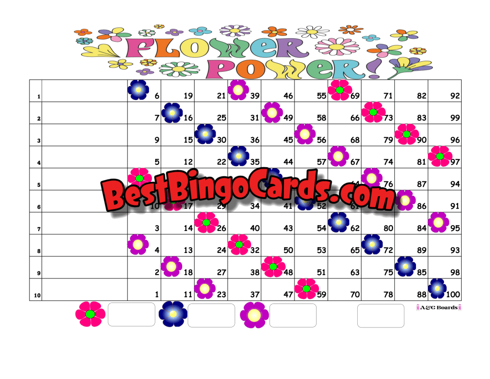 Bingo Boards 1-10 Lines - Flower Power Straight Mixed 100 Ball Sets