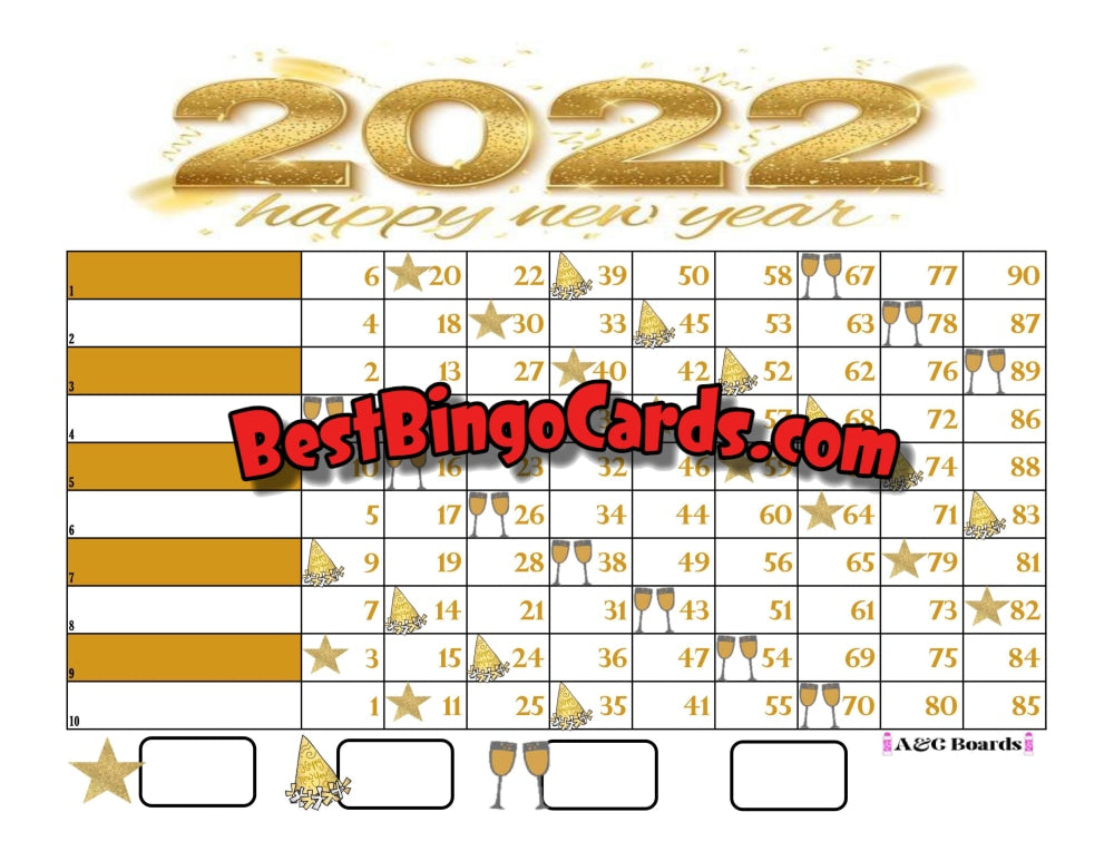 Bingo Boards 1-10 Lines - Nye 2022 Straight Mixed 90 Ball Sets