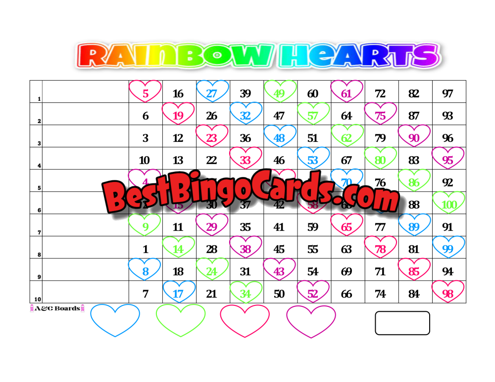 Bingo Boards 1-10 Lines - Rainbow Hearts Straight Mixed 100 Ball Sets