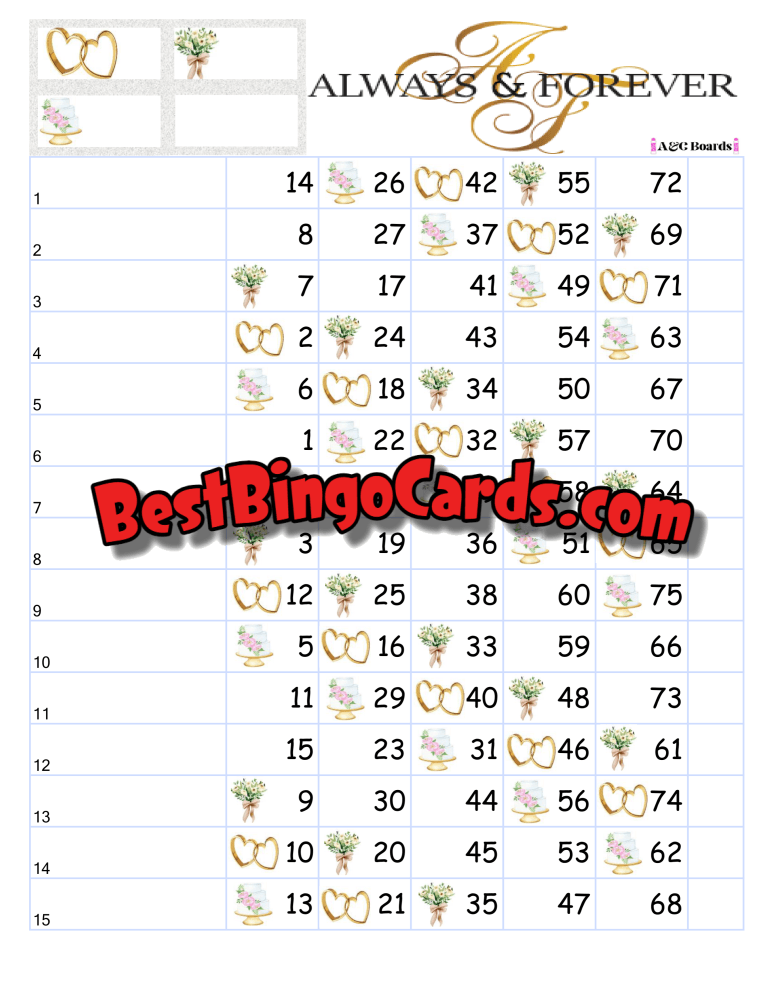 Bingo Boards 1-15 Line - Always And Forever Straight Mixed 75 Ball Sets