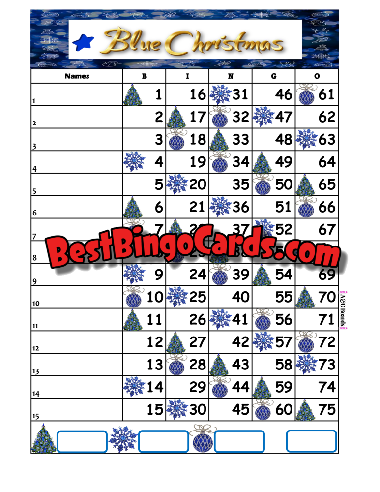 Bingo Boards 1-15 Line - Blue Christmas Straight Mixed 75 Ball Sets