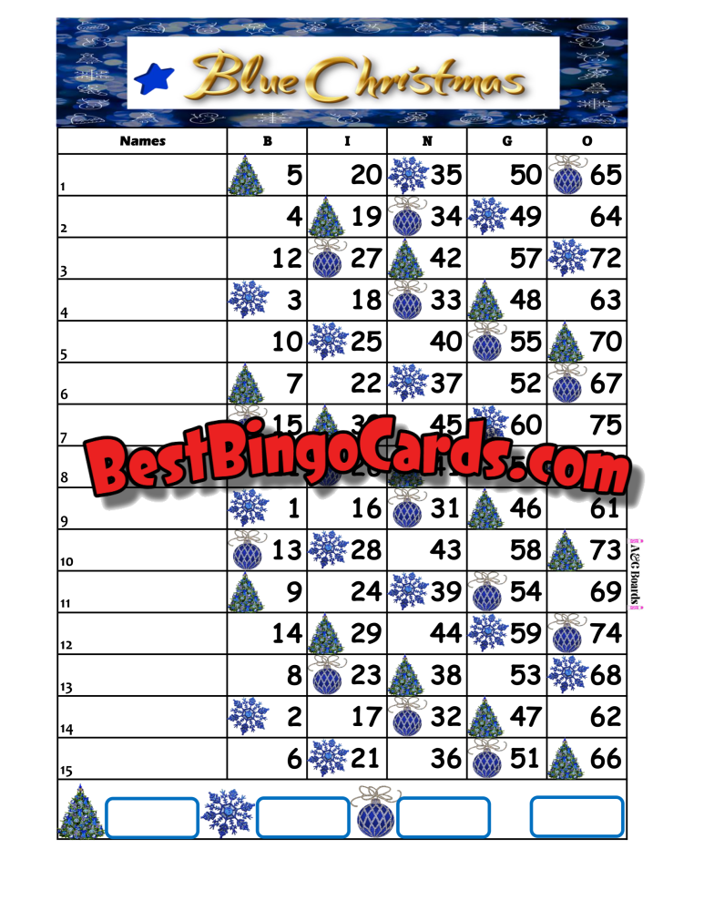 Bingo Boards 1-15 Line - Blue Christmas Straight Mixed 75 Ball Sets