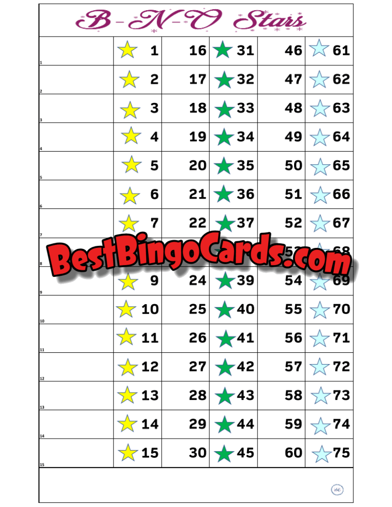 Bingo Boards 1-15 Line - Bno Stars Straight Mixed 75 Ball Sets