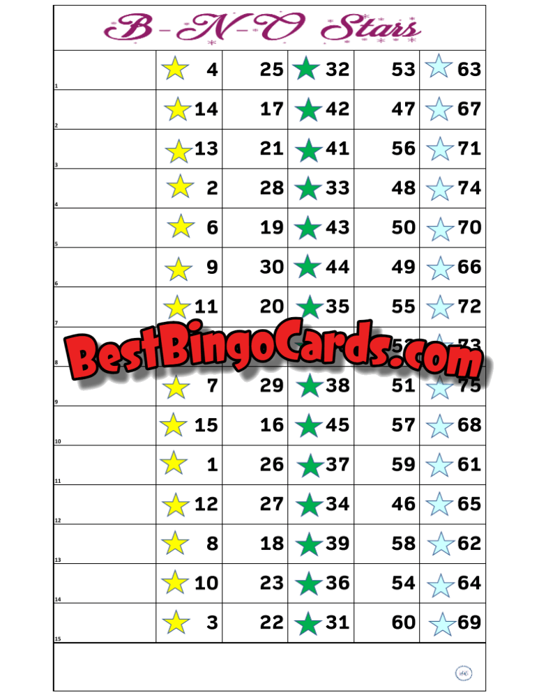 Bingo Boards 1-15 Line - Bno Stars Straight Mixed 75 Ball Sets