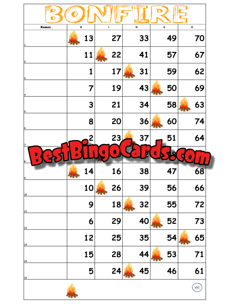 Bingo Boards 1-15 Line - Bonfire Straight Mixed (Houdini) 75 Ball Sets