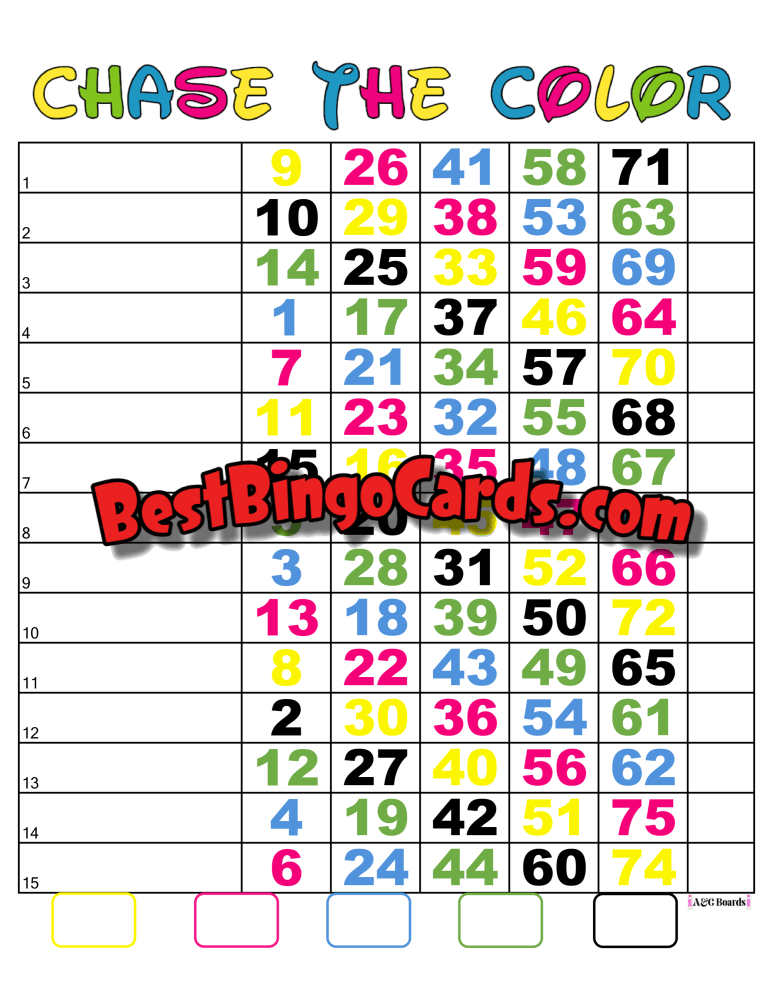 Bingo Boards 1-15 Line - Chase The Color Straight Mixed 75 Ball Sets