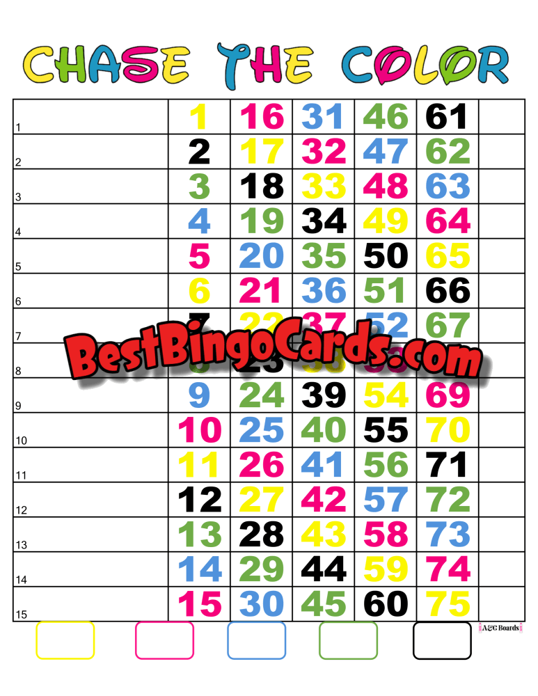 Bingo Boards 1-15 Line - Chase The Color Straight Mixed 75 Ball Sets