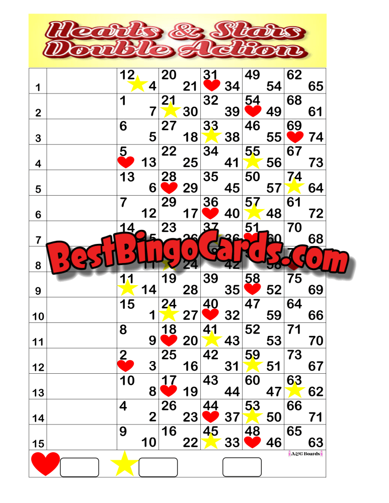 Bingo Boards 1-15 Line Double Action - Hearts And Stars Mixed 75 Ball Sets
