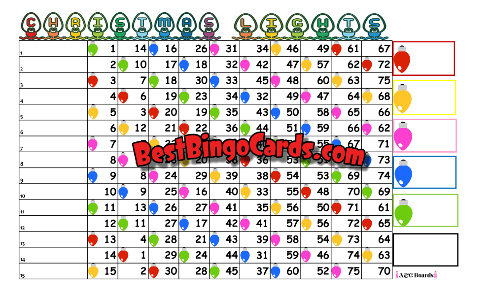 Bingo Boards 1-15 Line Double - Christmas Lights Mixed 75 Ball Sets