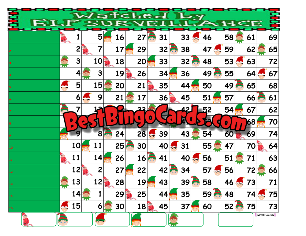 Bingo Boards 1-15 Line Double - Elf Surveillance Mixed 75 Ball Sets