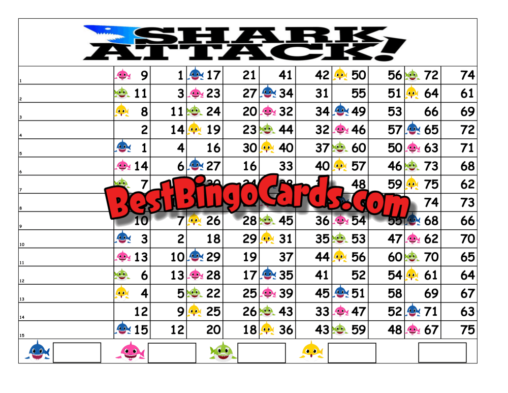 Bingo Boards 1-15 Line Double - Shark Attack Mixed 75 Ball Sets
