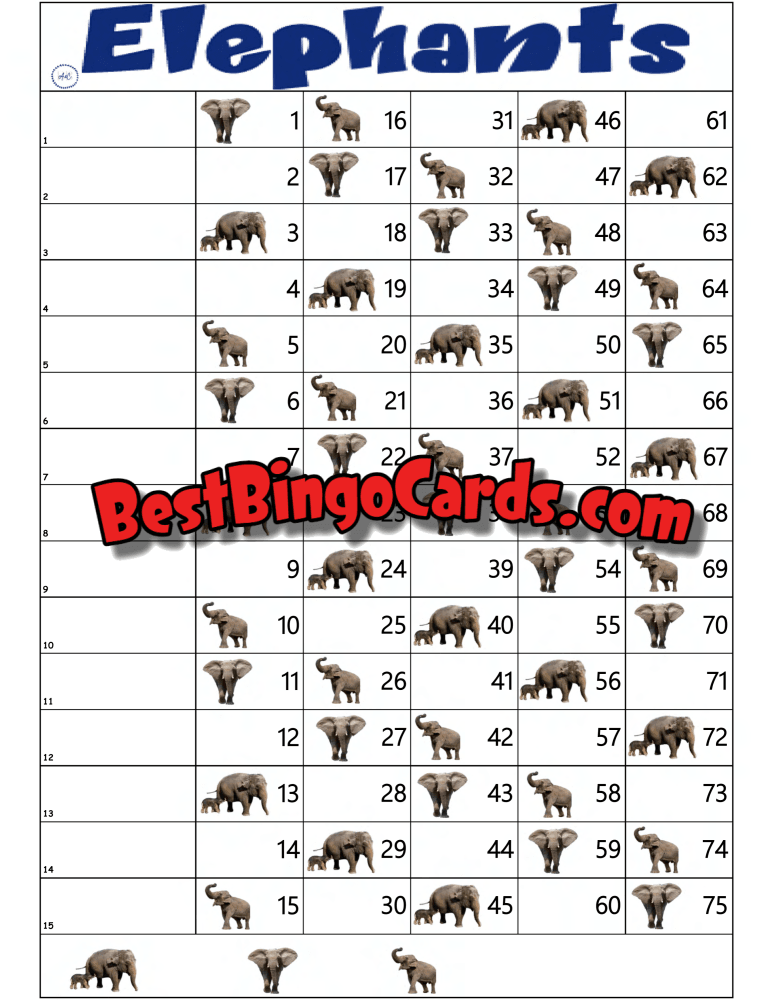 Bingo Boards 1-15 Line - Elephants Straight Mixed 75 Ball Sets