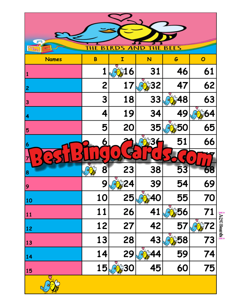Bingo Boards 1-15 Line Houdini - Birds And Bees Straight Mixed 75 Ball Sets