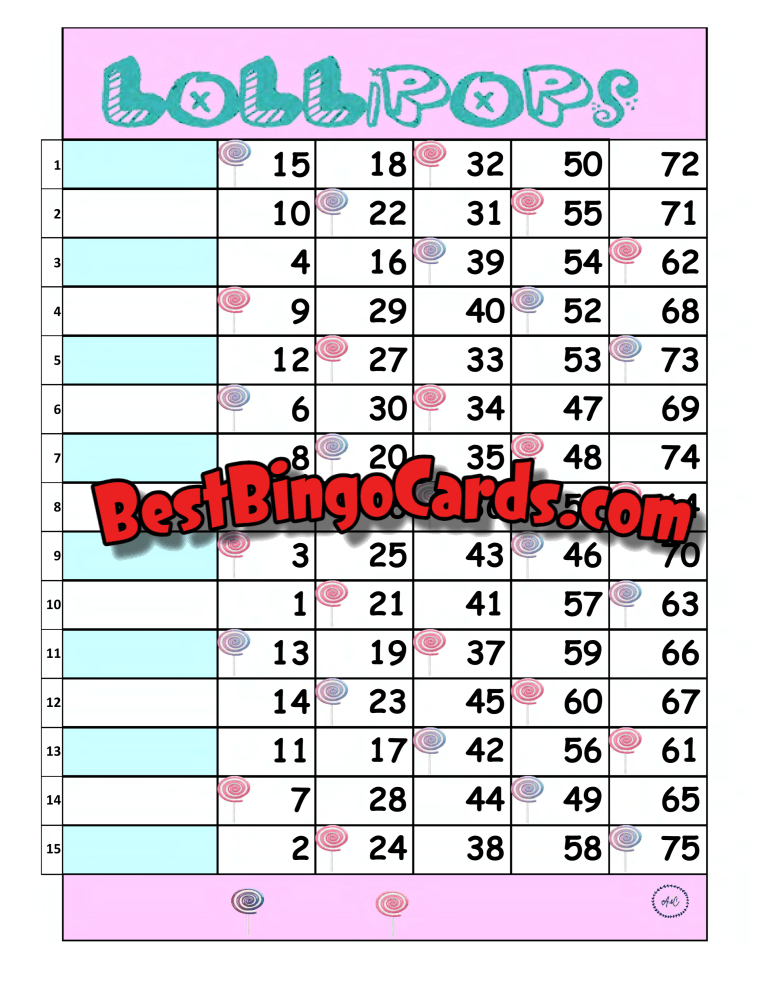 Bingo Boards 1-15 Line Houdini - Lollipops Straight Mixed 75 Ball Sets