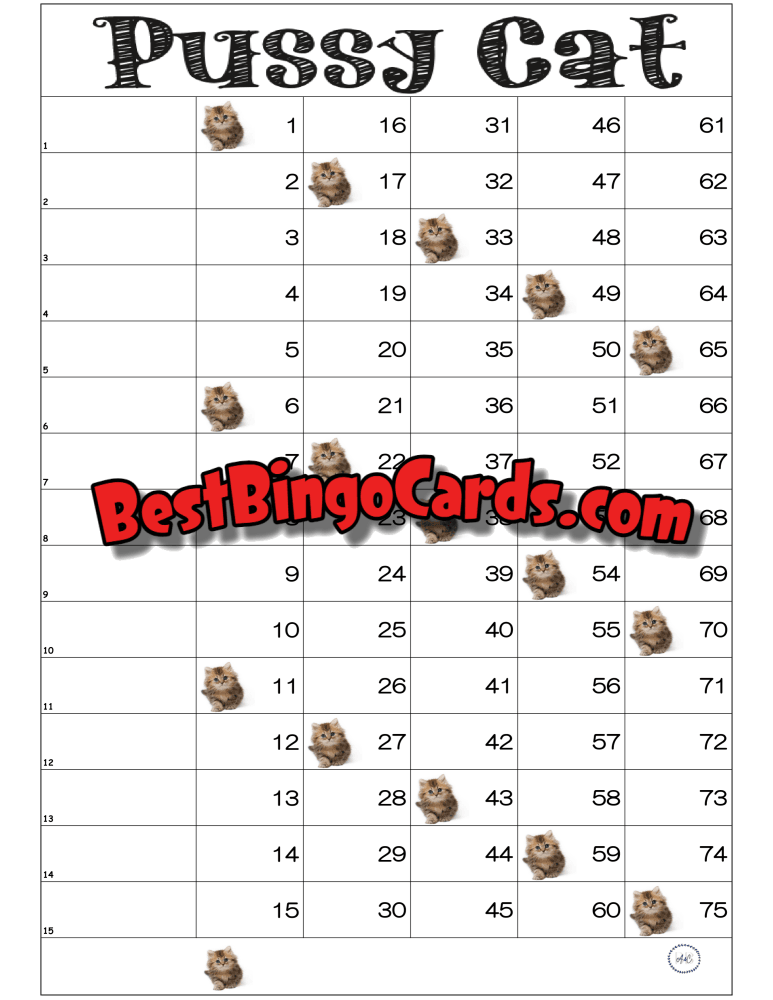 Bingo Boards 1-15 Line Houdini - Pussy Cat Straight Mixed 75 Ball Sets