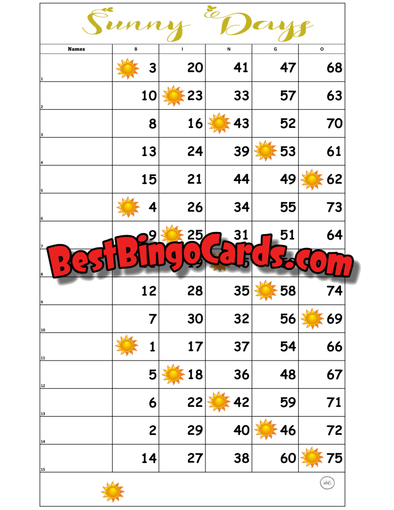 Bingo Boards 1-15 Line Houdini - Sunny Days Straight Mixed 75 Ball Sets