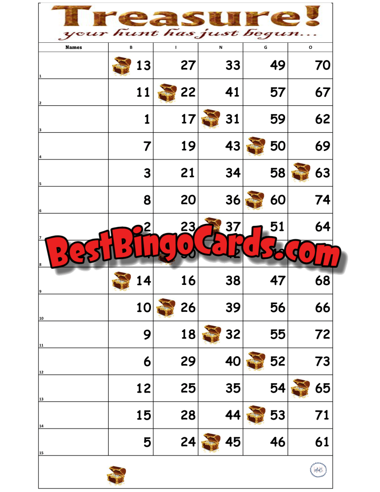 Bingo Boards 1-15 Line Houdini - Treasure Straight Mixed 75 Ball Sets