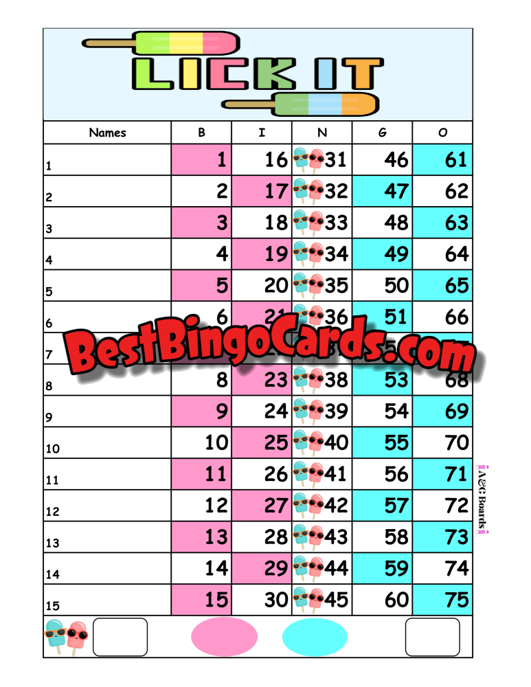 Bingo Boards 1-15 Line - Lick It Straight Mixed 75 Ball Sets