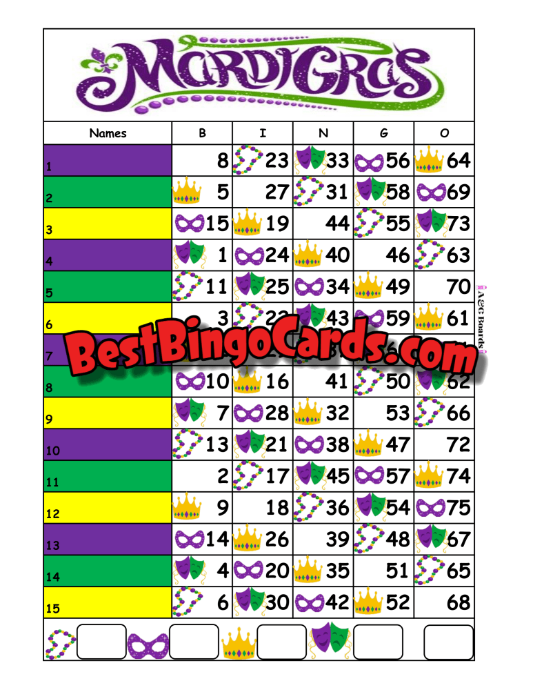 Bingo Boards 1-15 Line - Mardigras Straight Mixed 75 Ball Sets