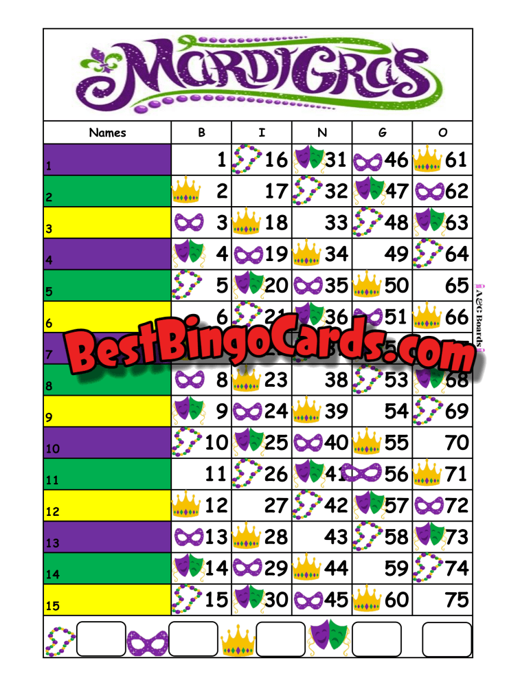 Bingo Boards 1-15 Line - Mardigras Straight Mixed 75 Ball Sets