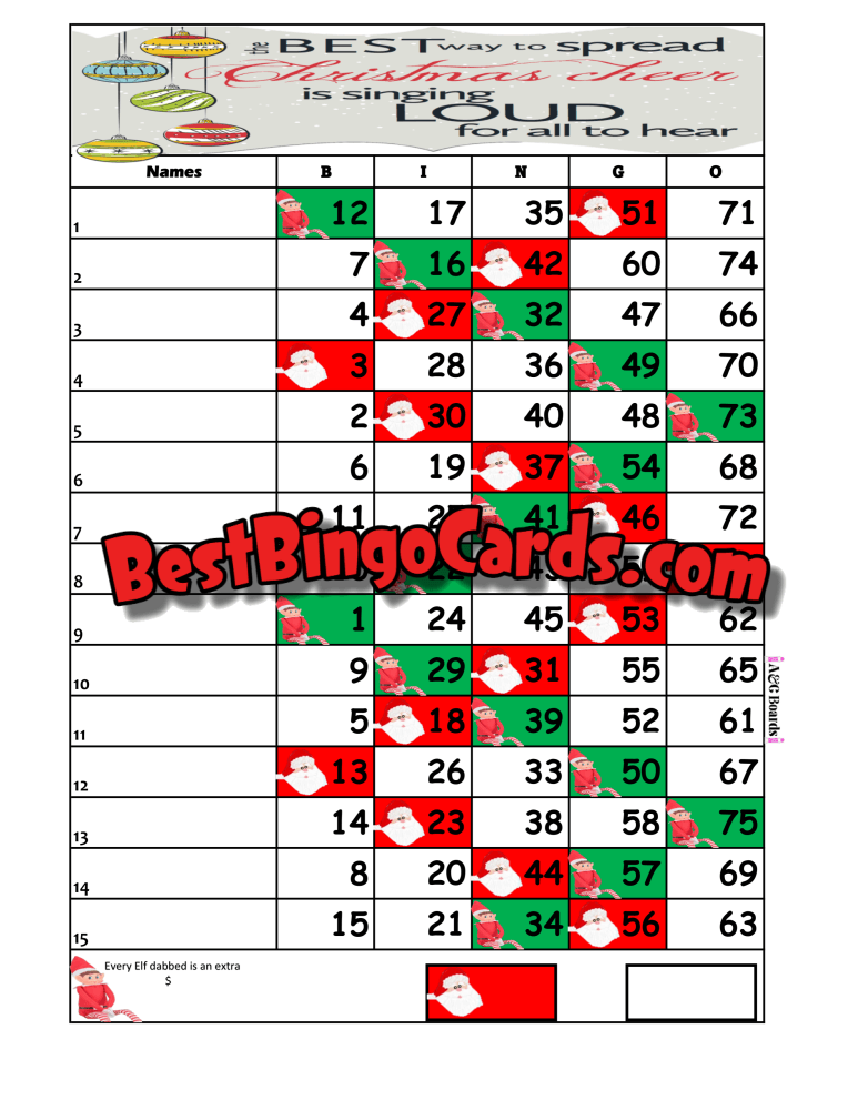 Bingo Boards 1-15 Line - Money Elf Straight Mixed 75 Ball Sets