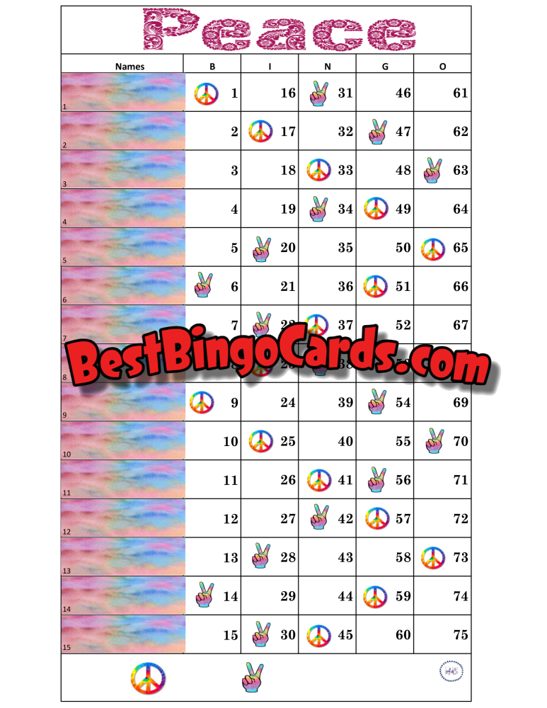 Bingo Boards 1-15 Line - Peace Straight Mixed 75 Ball Sets