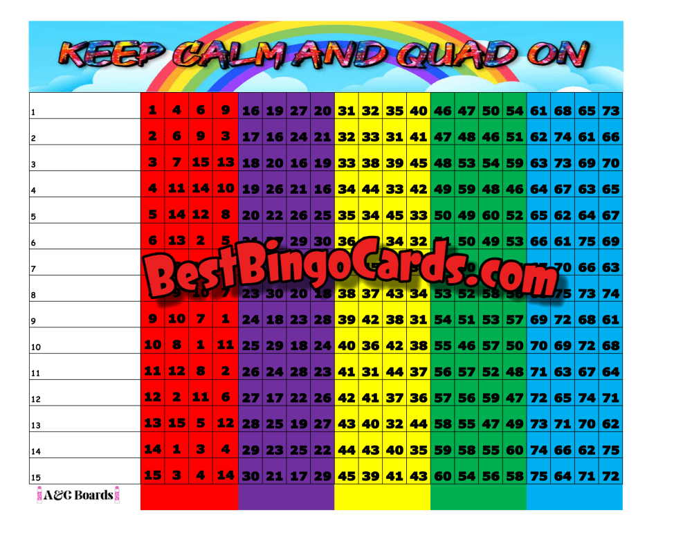 Bingo Boards 1-15 Line Quad - On Mixed 75 Ball Sets
