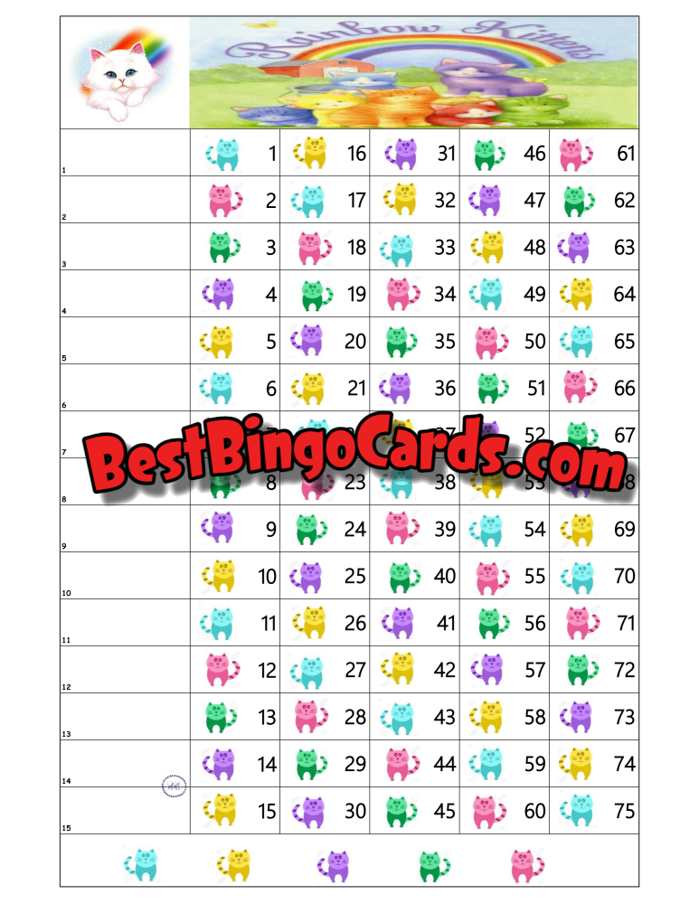 Bingo Boards 1-15 Line - Rainbow Kittens Straight Mixed 75 Ball Sets