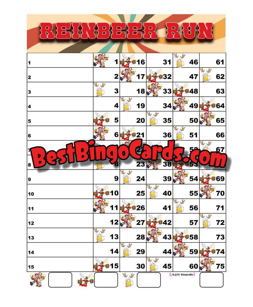 Bingo Boards 1-15 Line - Reinbeer Run Straight Mixed 75 Ball Sets