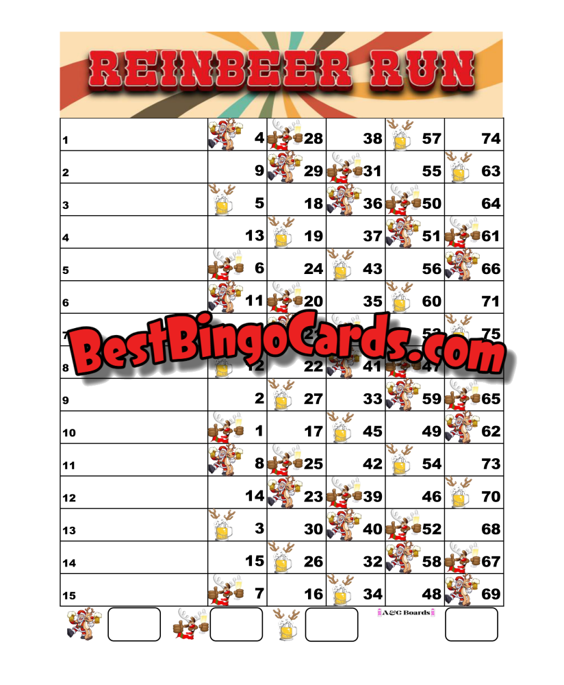 Bingo Boards 1-15 Line - Reinbeer Run Straight Mixed 75 Ball Sets